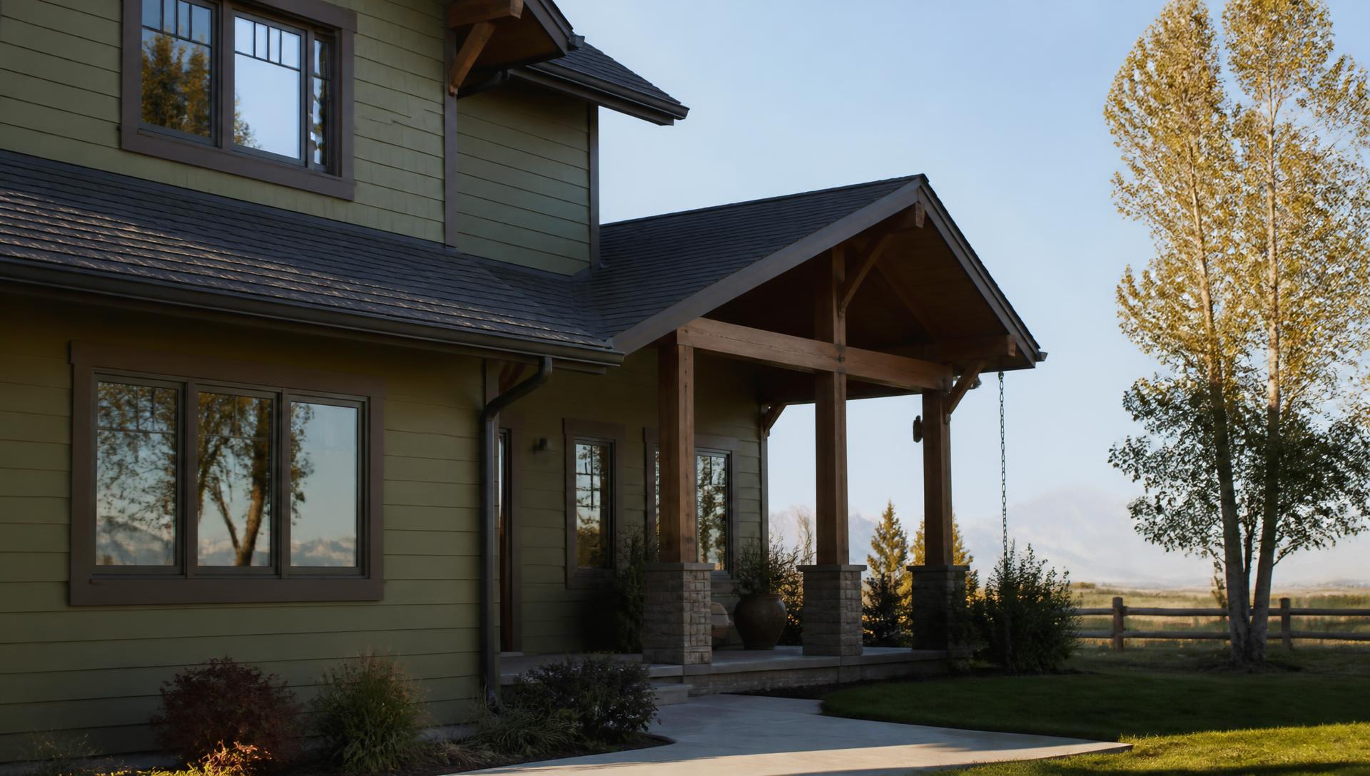 Eastern Idaho home with newly installed dark gutters and downspouts